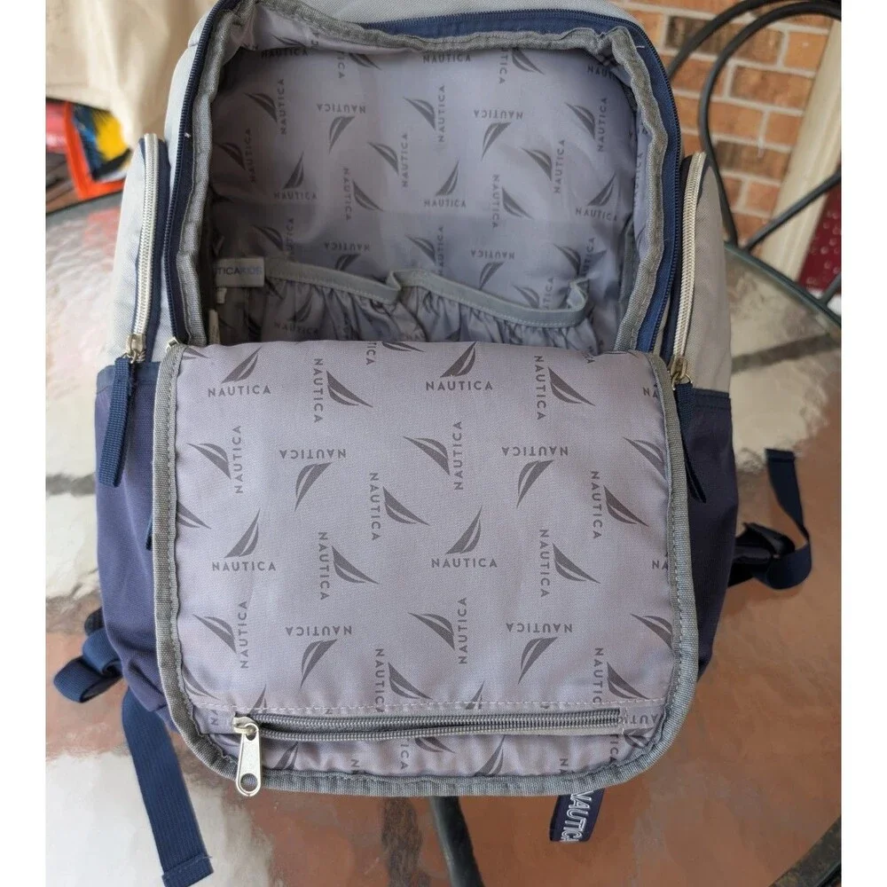 Nautica Backpack Blue Silver Insulated Drink Pockets Multi Compartment Kids Logo